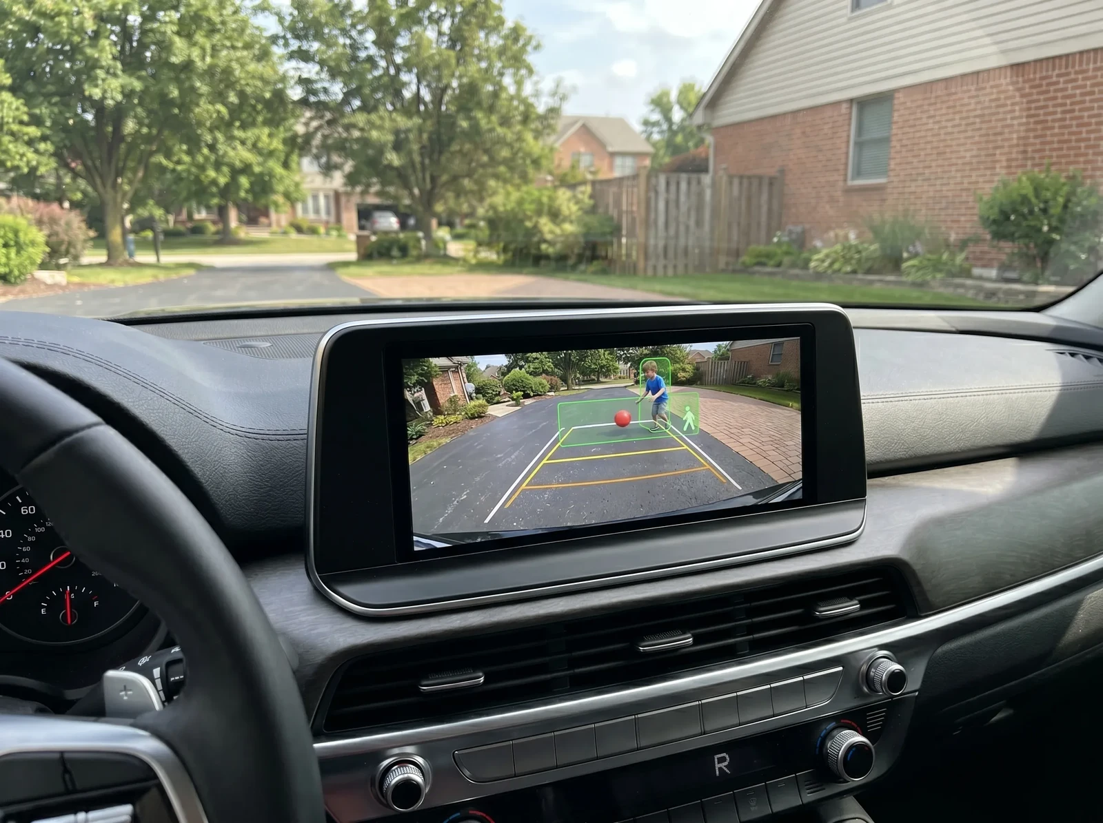 Photorealistic rear-view camera display in a 2021 Kia Telluride while reversing slowly in a residential driveway, small child with a ball visible behind the vehicle at a safe distance, subtle holographic overlay highlighting pedestrian safety zone and reverse trajectory, realistic daylight, true-to-life family safety context, clear in-cabin screen detail and natural vehicle reflections, no visible text, logos, brand signage, dealership signage, license plate text, or watermarks anywhere in the scene.