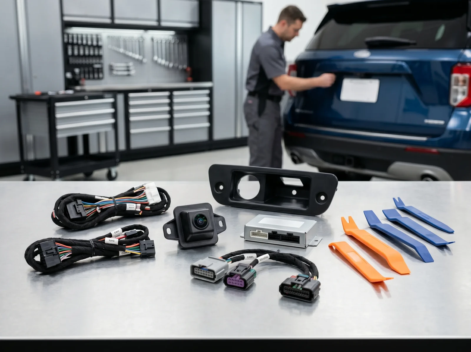 Photorealistic close-up of backup camera retrofit components on technician bench, automotive camera module, calibrated lens housing, harness adapters, interface modules, and trim tools for a 2020 Ford Explorer installation, spotless pristine bench and workshop setting, immaculate organization, no grease, no dirt, no clutter, controlled studio-quality workshop lighting, no visible text, logos, brand signage, dealership signage, license plate text, or watermarks anywhere in the scene.