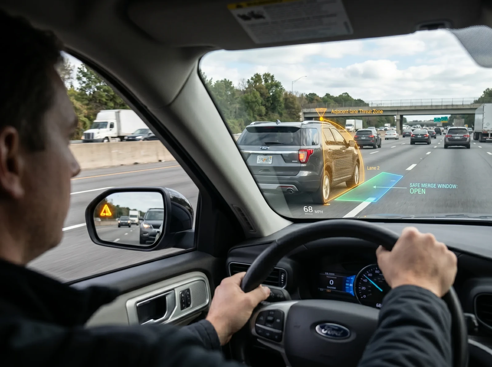 Photorealistic real-road blind-spot detection test scene, mirror indicator illuminated during safe lane-change check on multilane road, subtle holographic overlay indicating adjacent-lane threat zone and safe merge window, realistic traffic spacing, natural daylight and authentic automotive context, no visible text, logos, brand signage, dealership signage, license plate text, or watermarks anywhere in the scene.