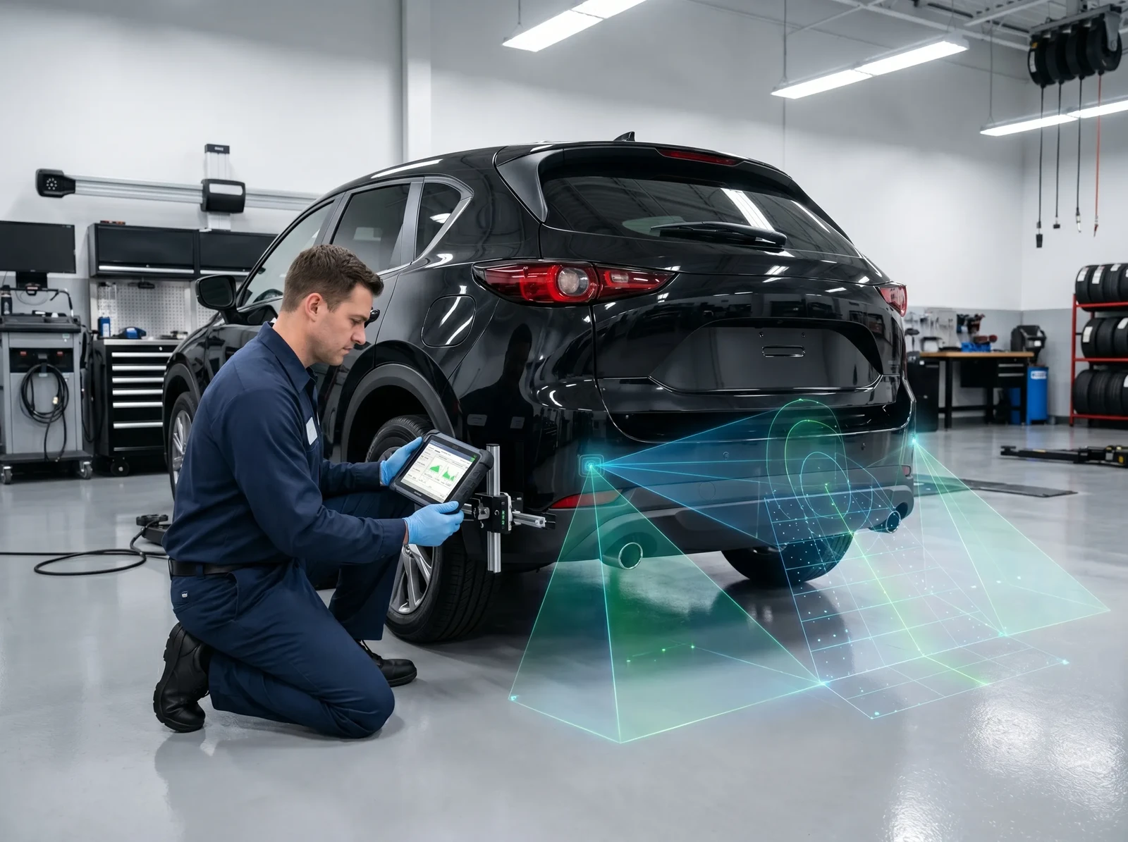 Photorealistic technician calibrating blind-spot radar modules on a 2023 Mazda CX-5 in a controlled shop environment, subtle holographic overlay showing side radar coverage cones and blind-zone mapping, precise sensor alignment workflow, diagnostic tablet readout, spotless pristine service bay with clean polished floor, organized equipment, no grease, no grime, no clutter, realistic vehicle body reflections and professional automotive service detail, no visible text, logos, brand signage, dealership signage, license plate text, or watermarks anywhere in the scene.