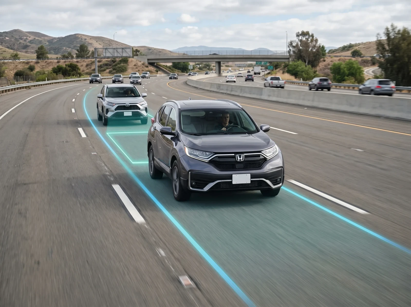 Photorealistic highway validation scene of level-2 driver assistance in a 2021 Honda CR-V Touring, lane centering active with safe following distance, subtle holographic overlay illustrating lane path prediction and adaptive-following distance envelope, realistic road markings and traffic context, natural daylight, true-to-life vehicle dynamics, premium automotive editorial style, no visible text, logos, brand signage, dealership signage, license plate text, or watermarks anywhere in the scene.