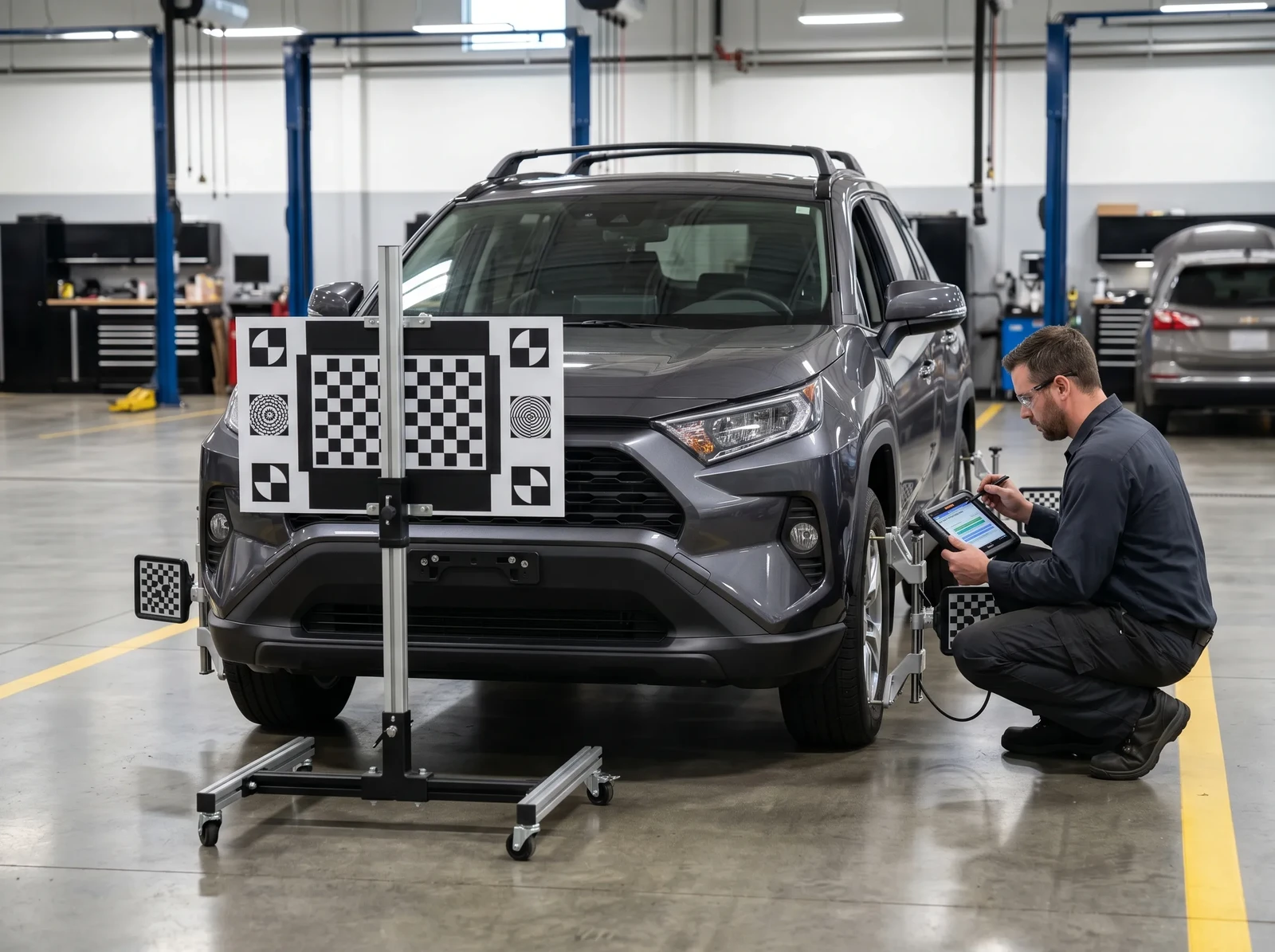 Photorealistic 2022 Toyota RAV4 XLE in a professional ADAS calibration bay, technician configuring level-2 lane-centering and adaptive cruise modules with alignment targets and diagnostic scan tool, subtle holographic overlay illustrating sensor alignment vectors and camera calibration geometry, spotless pristine workshop environment with polished floors, organized tool storage, no grease, no grime, no clutter, realistic lighting, accurate sensor placement, natural reflections, high-detail automotive service photography, no visible text, logos, brand signage, dealership signage, license plate text, or watermarks anywhere in the scene.