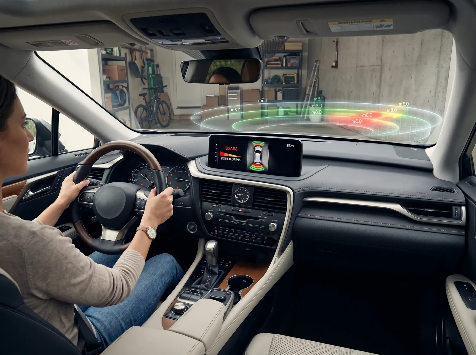 Photorealistic parking sensor validation scene in a 2021 Lexus RX 350 during residential garage approach, in-cabin display showing distance bars and audible alert stages, subtle holographic overlay illustrating proximity rings around bumper corners and obstacle distance zones, realistic low-speed maneuver context, natural lighting and true-to-life automotive detail, no visible text, logos, brand signage, dealership signage, license plate text, or watermarks anywhere in the scene.