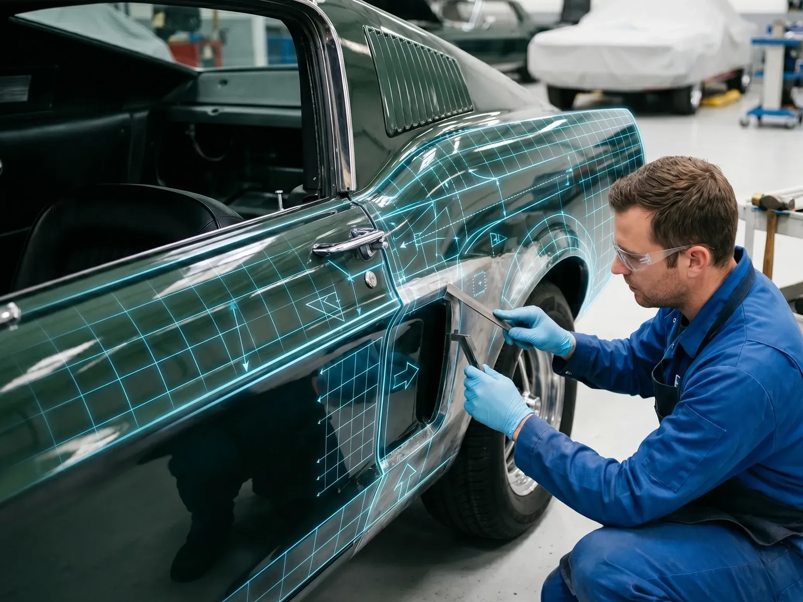 1966 Ford Mustang receiving precision metalwork and panel-gap correction that ensures perfect fitment and lasting quality.