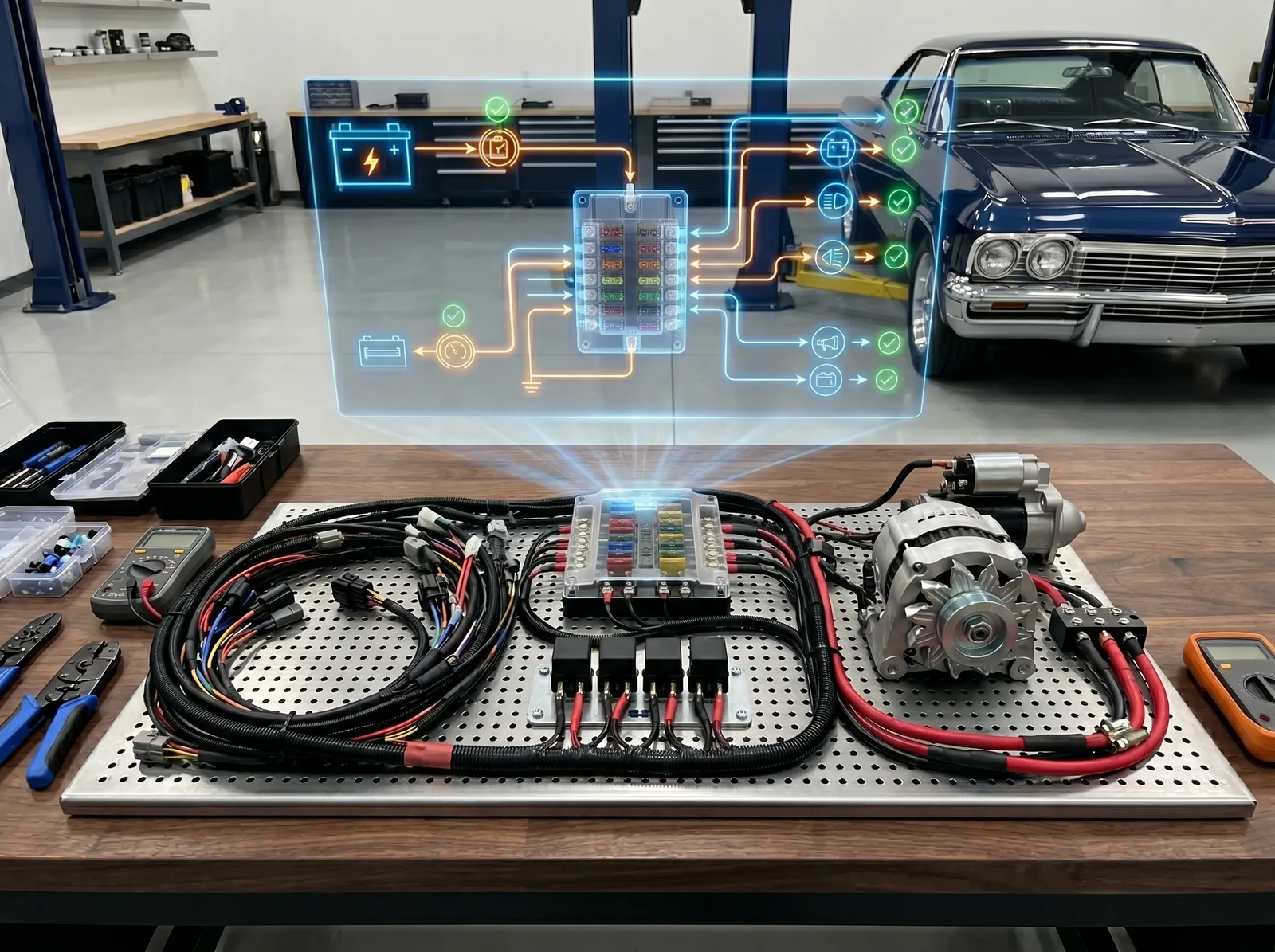 1965 Chevrolet Impala SS upgraded electrical harness with fuse protection, relays, and charging-system components staged for installation.