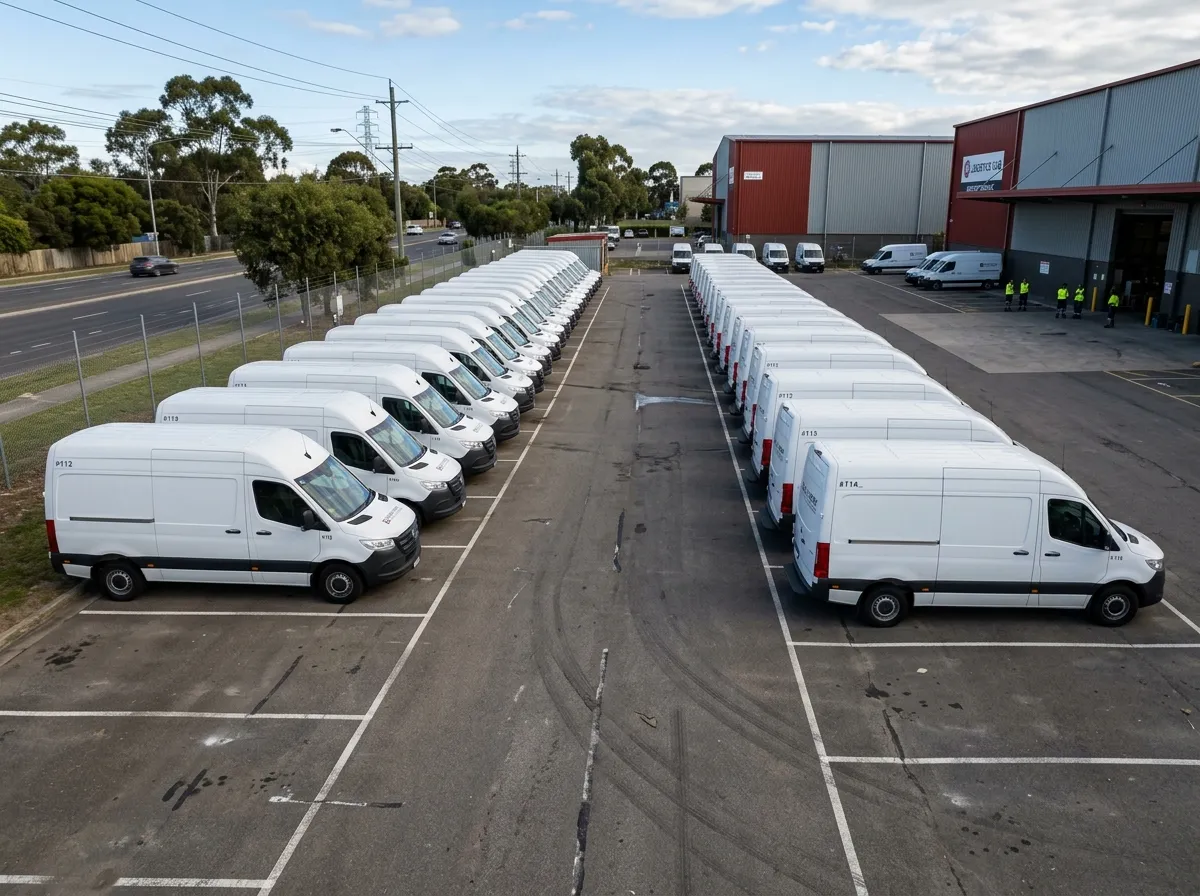 A fleet of Dodge Sprinter commercial vans present at an industrial depot after hours.