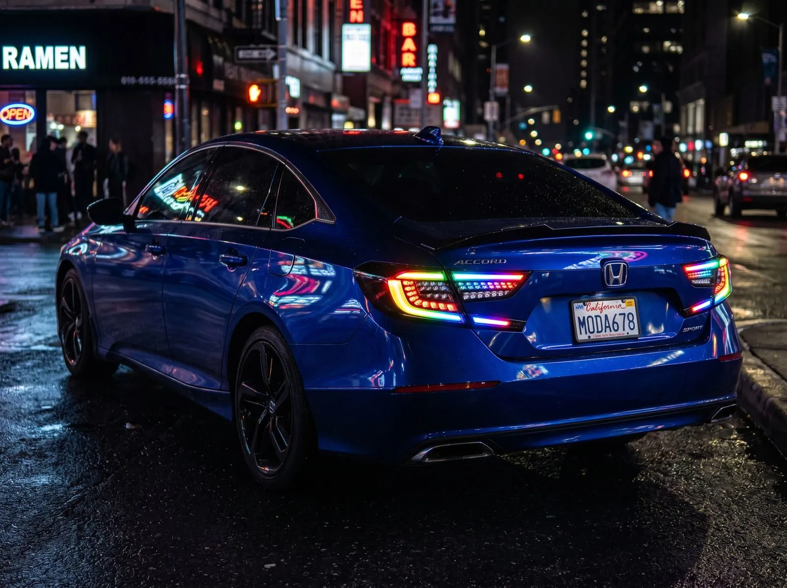 A 2019 Honda Accord with aftermarket RGB LED taillamp assemblies installed.