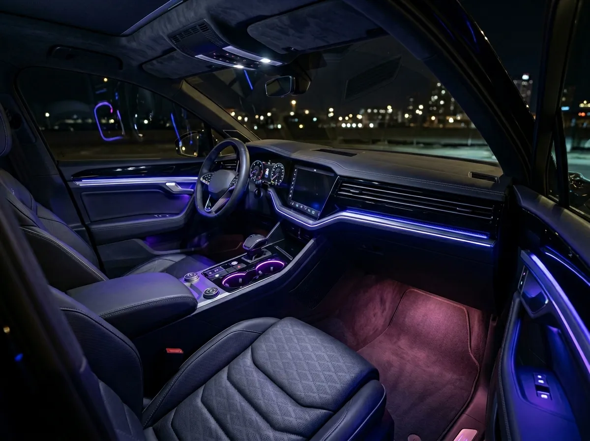 The interior of a modern SUV. An aftermarket interior lighting system has been added, bathing the floor and seats in subtle, tasteful colors.