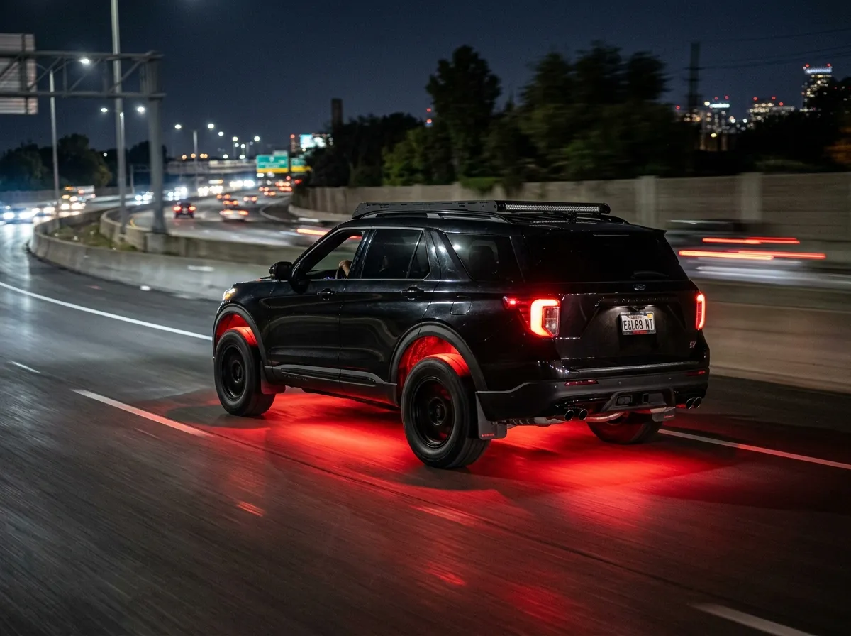 A 2022 Ford Explorer, heavily modified, seen driving on the highway. Its LED underglow system lights up the road underneath.