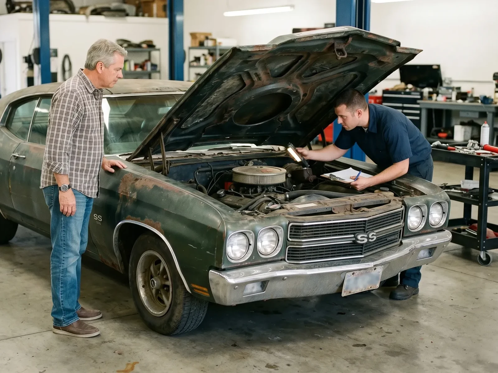 1970 Chevrolet Chevelle SS muscle car arriving at the restoration shop, ready to begin its transformation into a finished classic that turns heads.