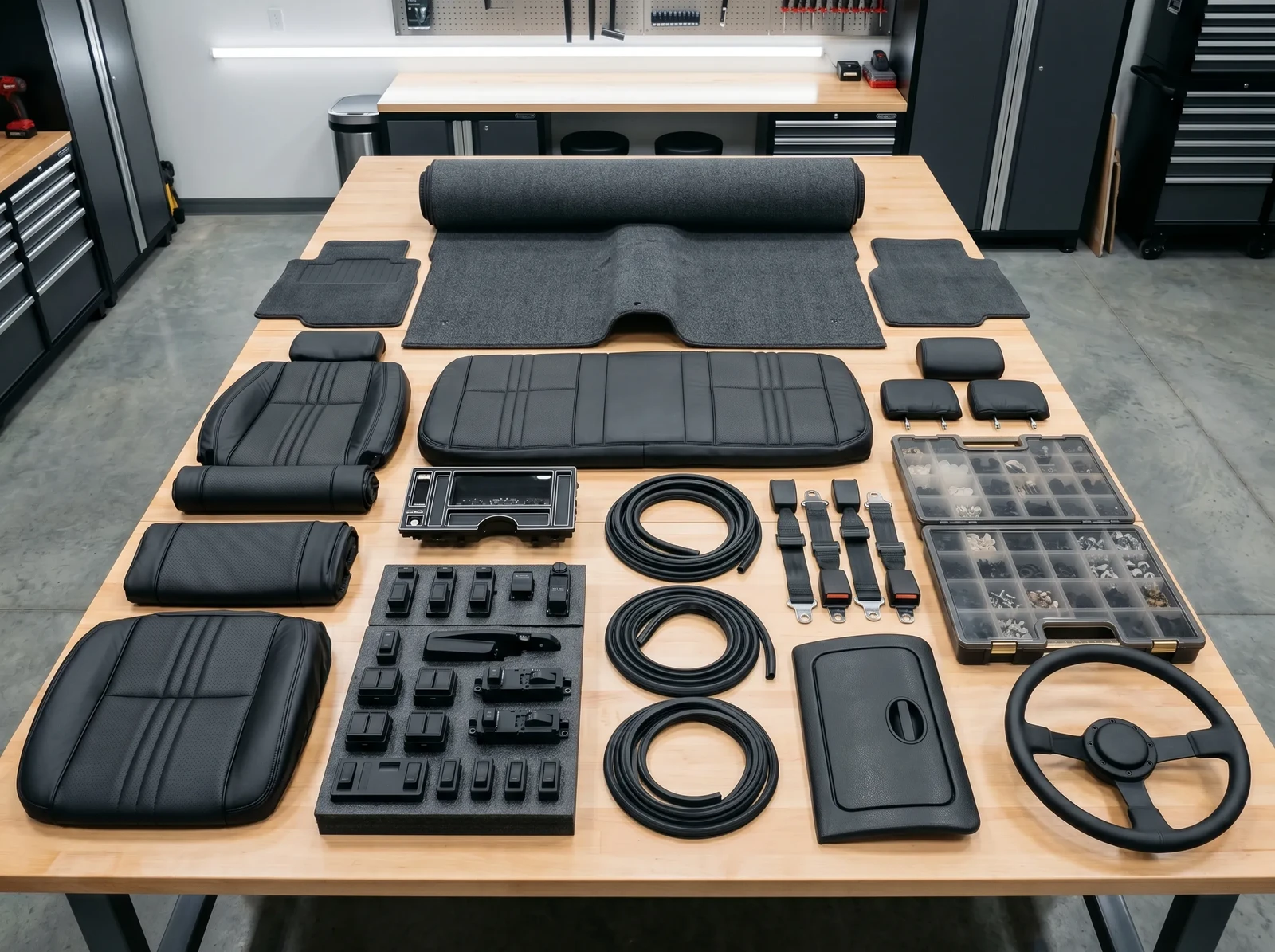 1987 Buick GNX interior components staged for restoration, including upholstery, carpeting, and switchgear ready for precise reassembly.