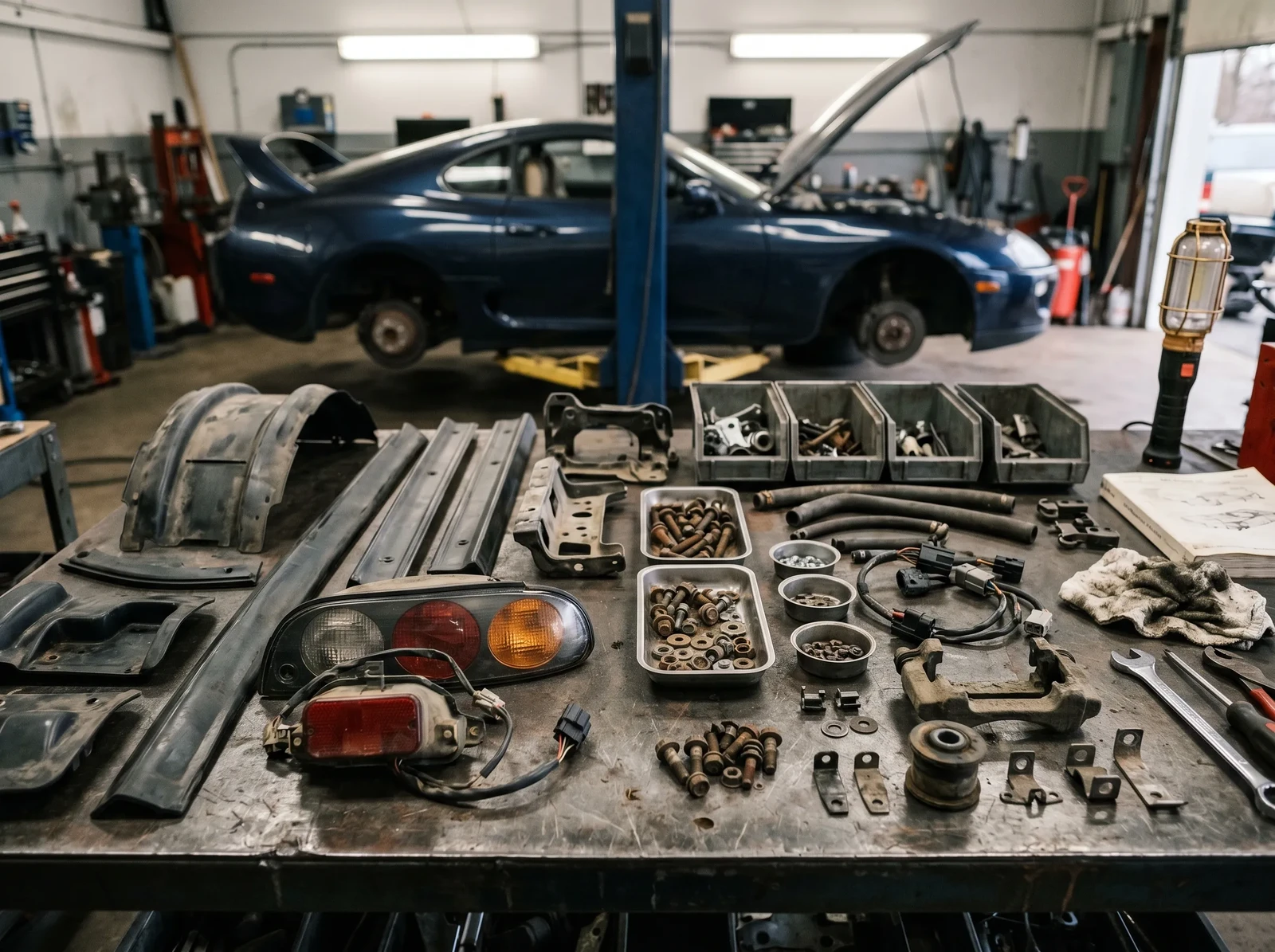 Early teardown of a 1990s Toyota Supra Turbo showing components organized for assessment, the foundation of a complete restoration roadmap.