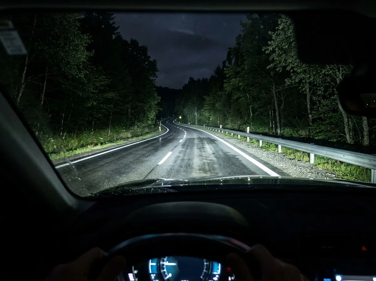 Night driving scene viewed from the perspective of the driver. LED headlamps illuminate the road ahead.