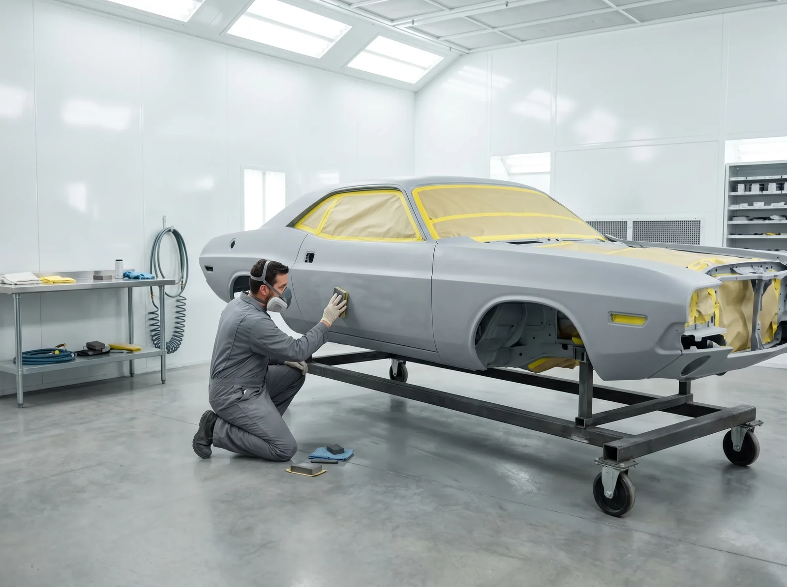 1968 Dodge Challenger in a precision paint preparation booth, showing the meticulous prep work that creates show-quality finish.