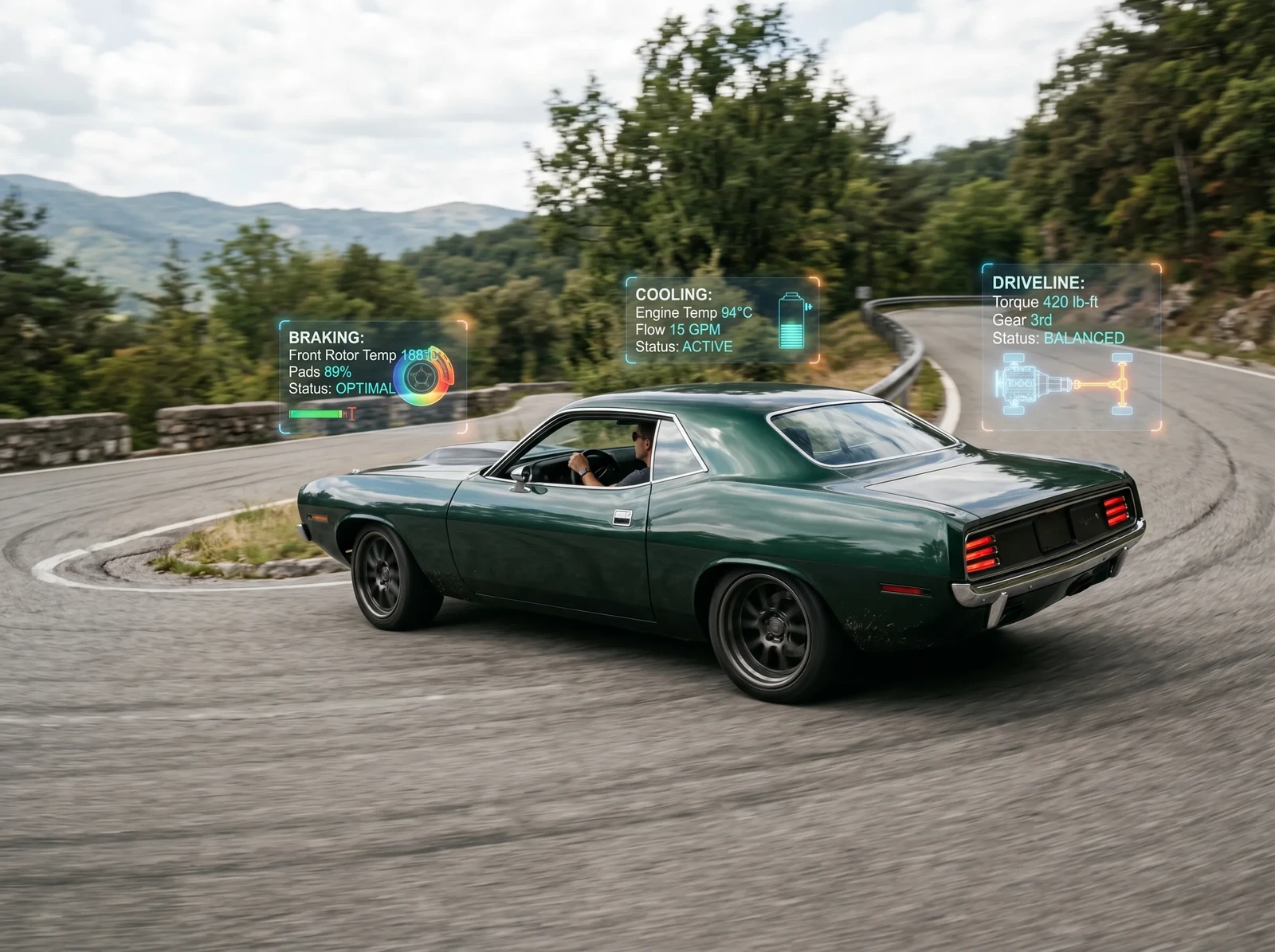 Plymouth Barracuda during road validation showing balanced performance and composed handling characteristics on test drive.