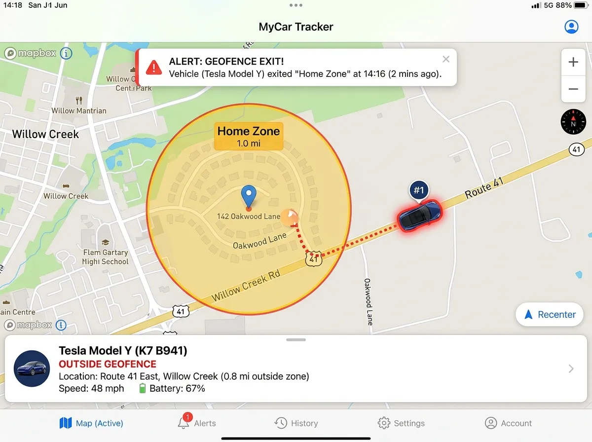 Typical consumer-grade vehicle tracking software in action. The user is able to track their vehicle in real time.