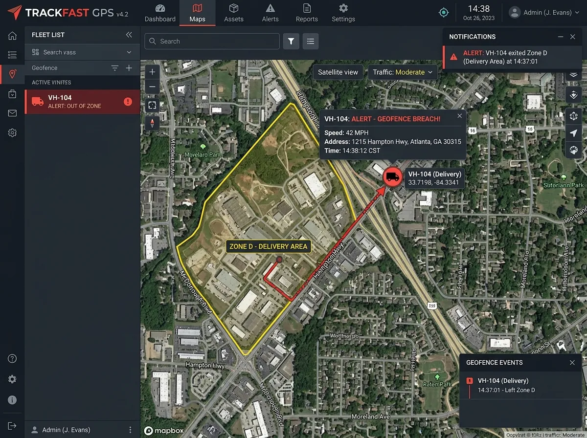 Typical fleet tracking software demonstrating an alert case caused by a fleet vehicle exiting the service area.