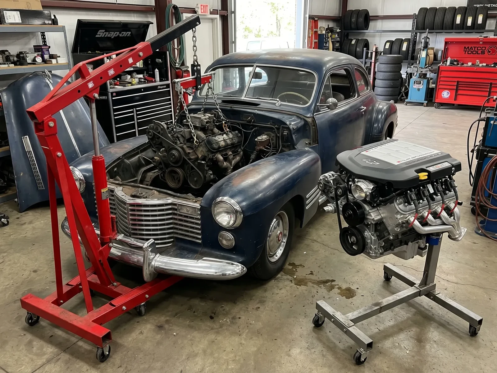 Vintage Cadillac prepped and ready for LS powerplant installation, combining classic styling with modern engine performance.